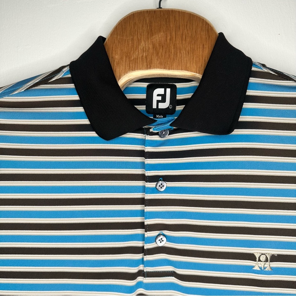 FootJoy Mens Large Short Sleeve Blue & Brown Stripped Golf Polo Shirt